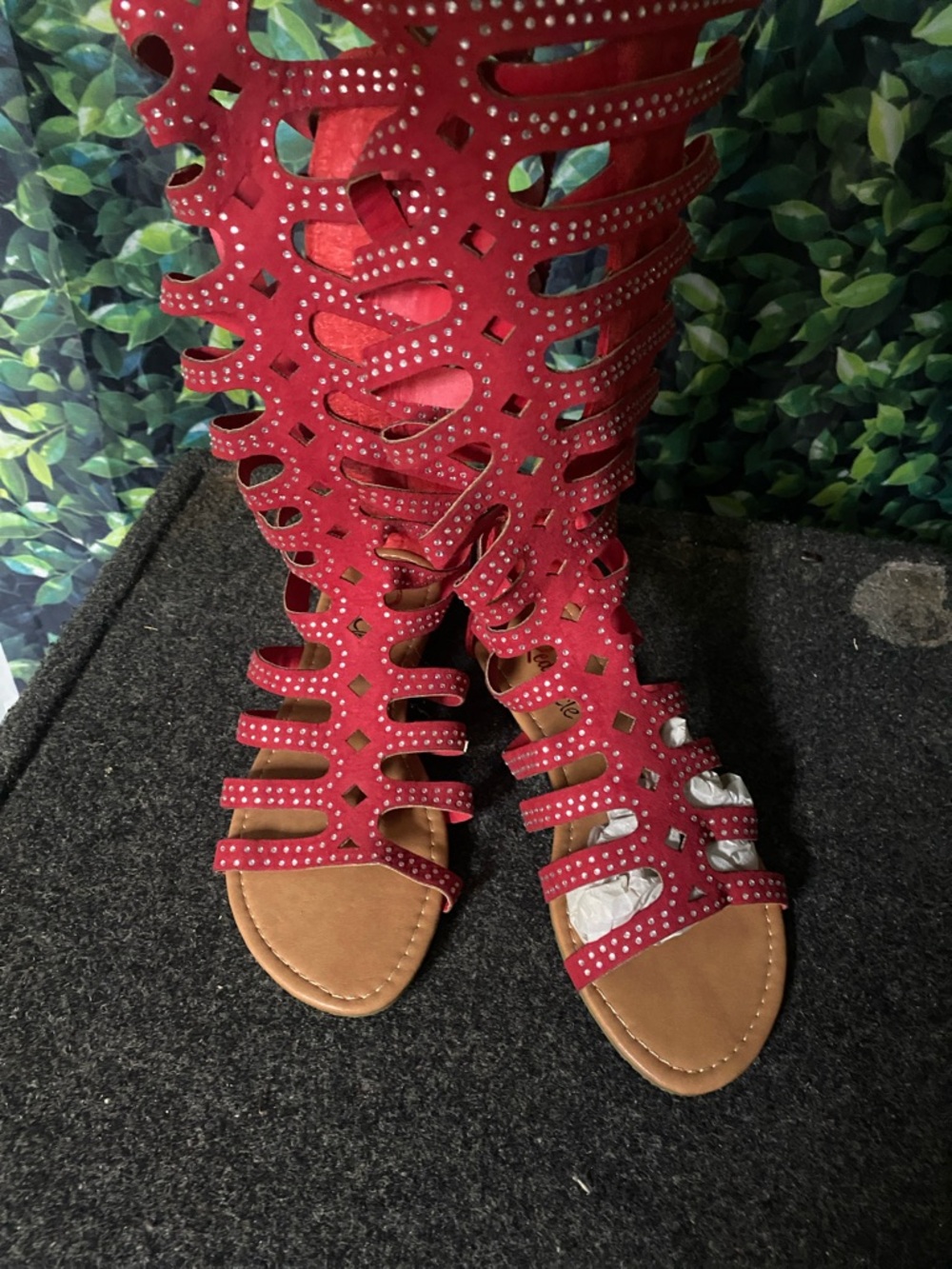Red Gladiator Knee-High Sandals with Stud Detail